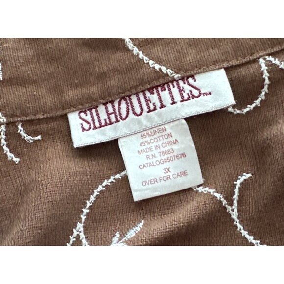 Silhouettes Brown Linen Top Cotton Embroidered Tie Knot Front Tunic Size 3X - Picture 6 of 6